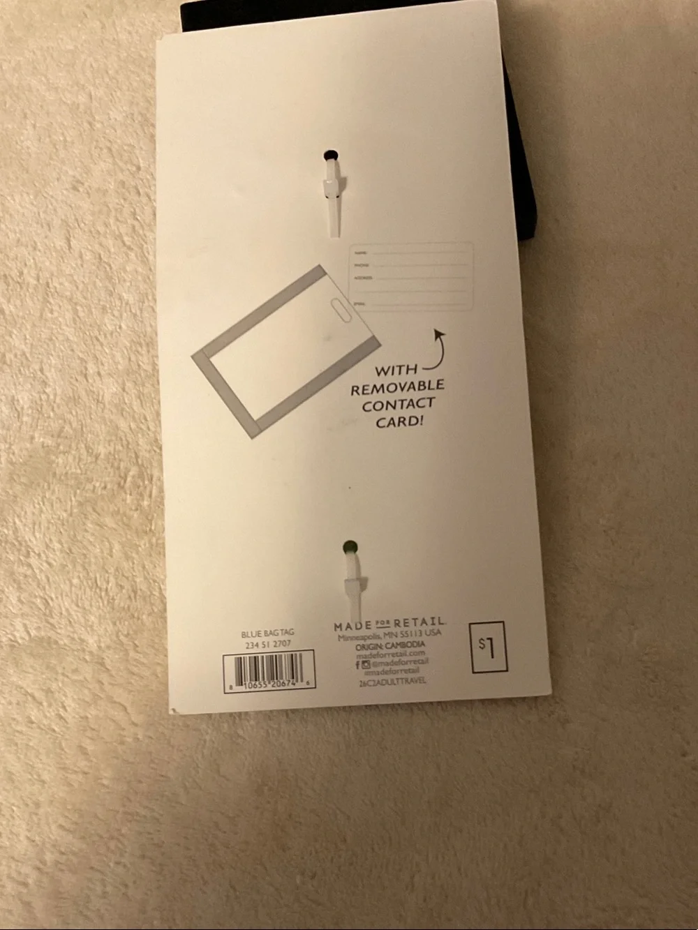 Striped Blue & White Luggage Bag Tag with Green Loop
